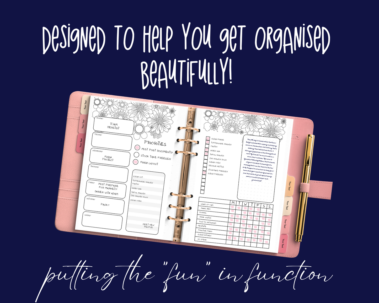 Pretty Flowers A5 Bujo Colouring Page Planner Inserts | For six-ring binders - Download and Print at home!