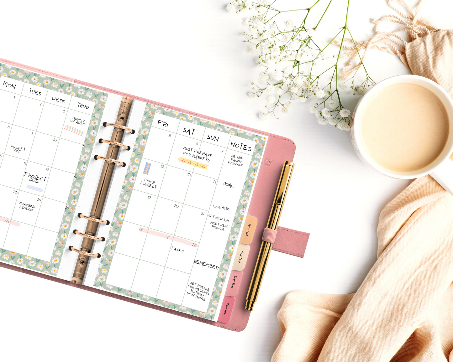 Undated Printable Bullet Journal Template | Planner PDF Calendar Bundle - "Garden Florals" Planner Bujo Pages for Loose-Leaf A5 Binders