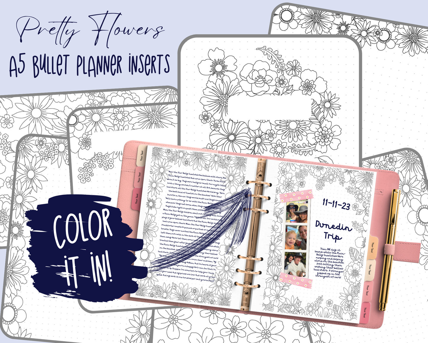 Pretty Flowers A5 Colouring Page Planner Inserts | For six-ring binders - Download and Print at home!