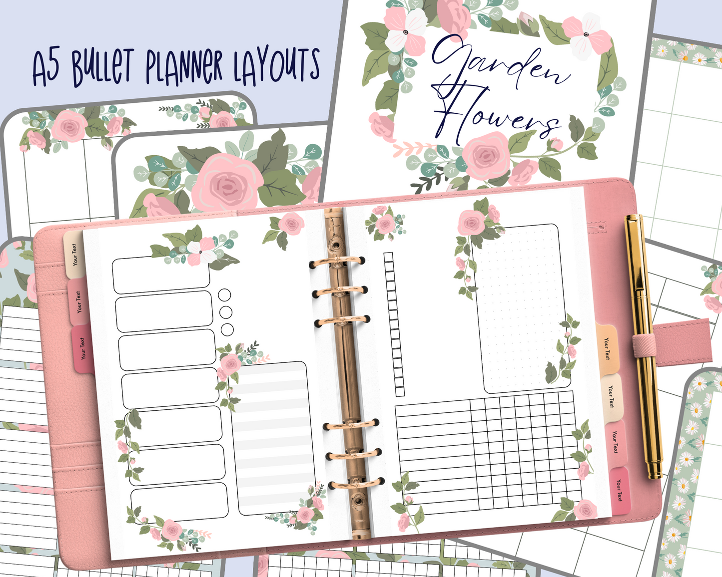 Undated Printable Bullet Journal Template | Planner PDF Calendar Bundle - "Garden Florals" Planner Bujo Pages for Loose-Leaf A5 Binders