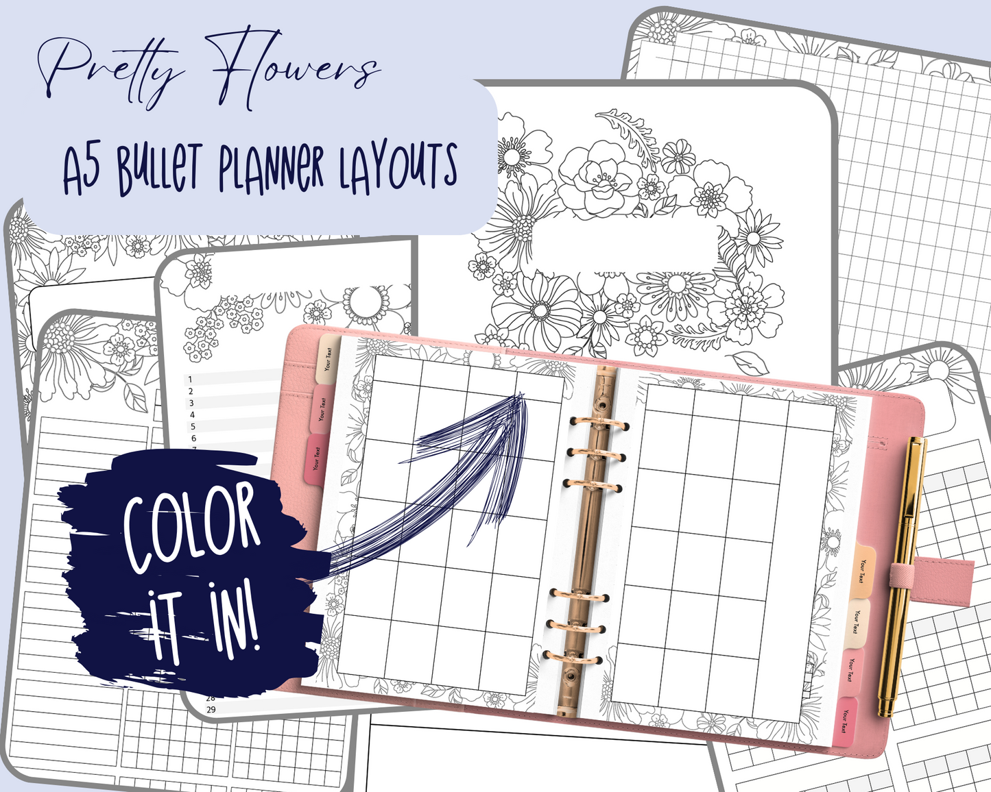 Pretty Flowers A5 Bujo Colouring Page Planner Inserts | For six-ring binders - Download and Print at home!