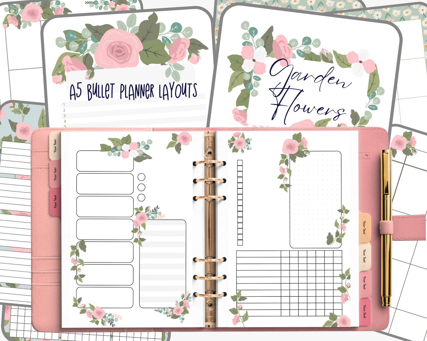 Undated Printable Bullet Journal Template | Planner PDF Calendar Bundle - "Garden Florals" Planner Bujo Pages for Loose-Leaf A5 Binders