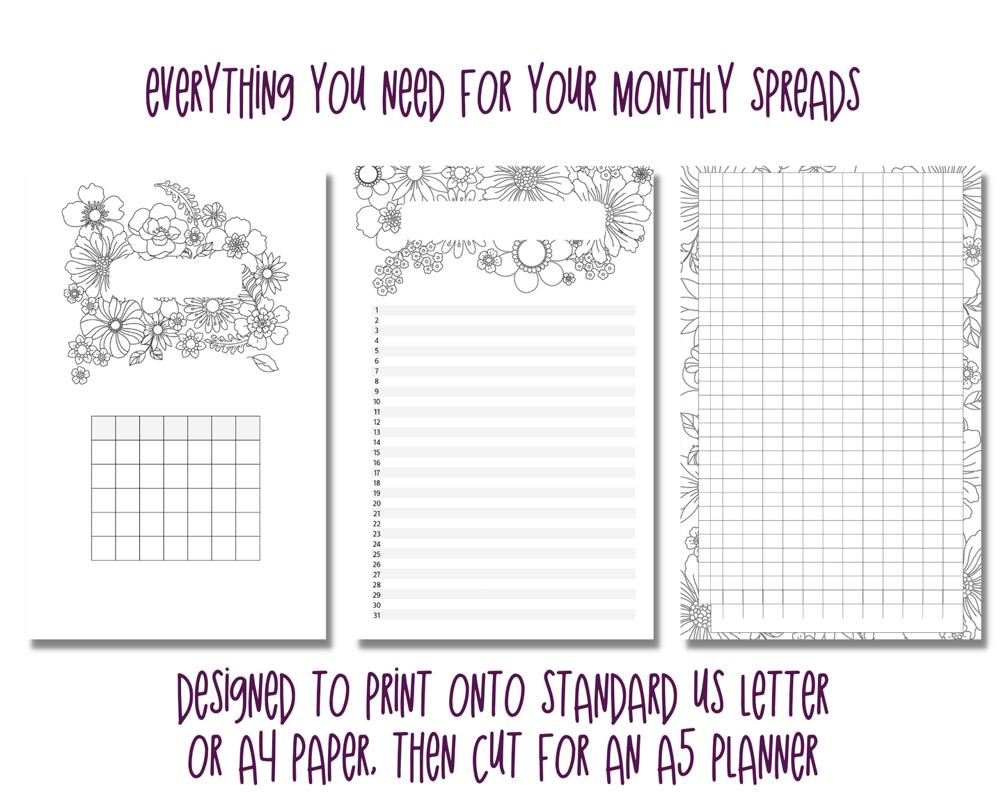 Pretty Flowers A5 Bujo Colouring Page Planner Inserts | For six-ring binders - Download and Print at home!