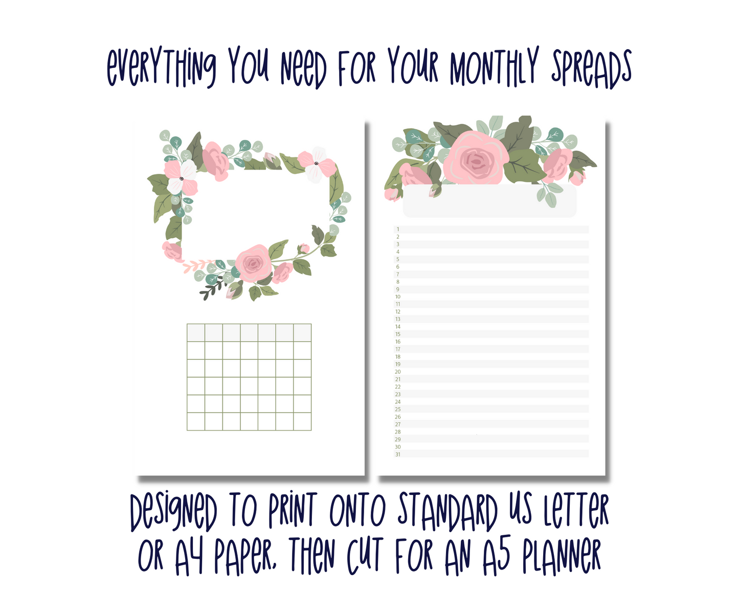 Undated Printable Bullet Journal Template | Planner PDF Calendar Bundle - "Garden Florals" Planner Bujo Pages for Loose-Leaf A5 Binders