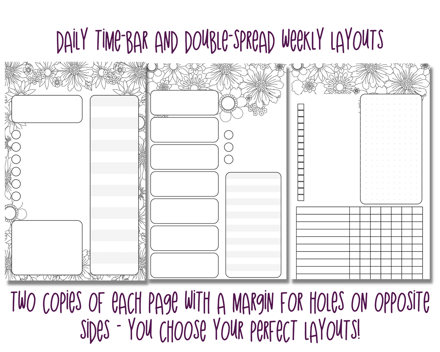 Pretty Flowers A5 Bujo Colouring Page Planner Inserts | For six-ring binders - Download and Print at home!