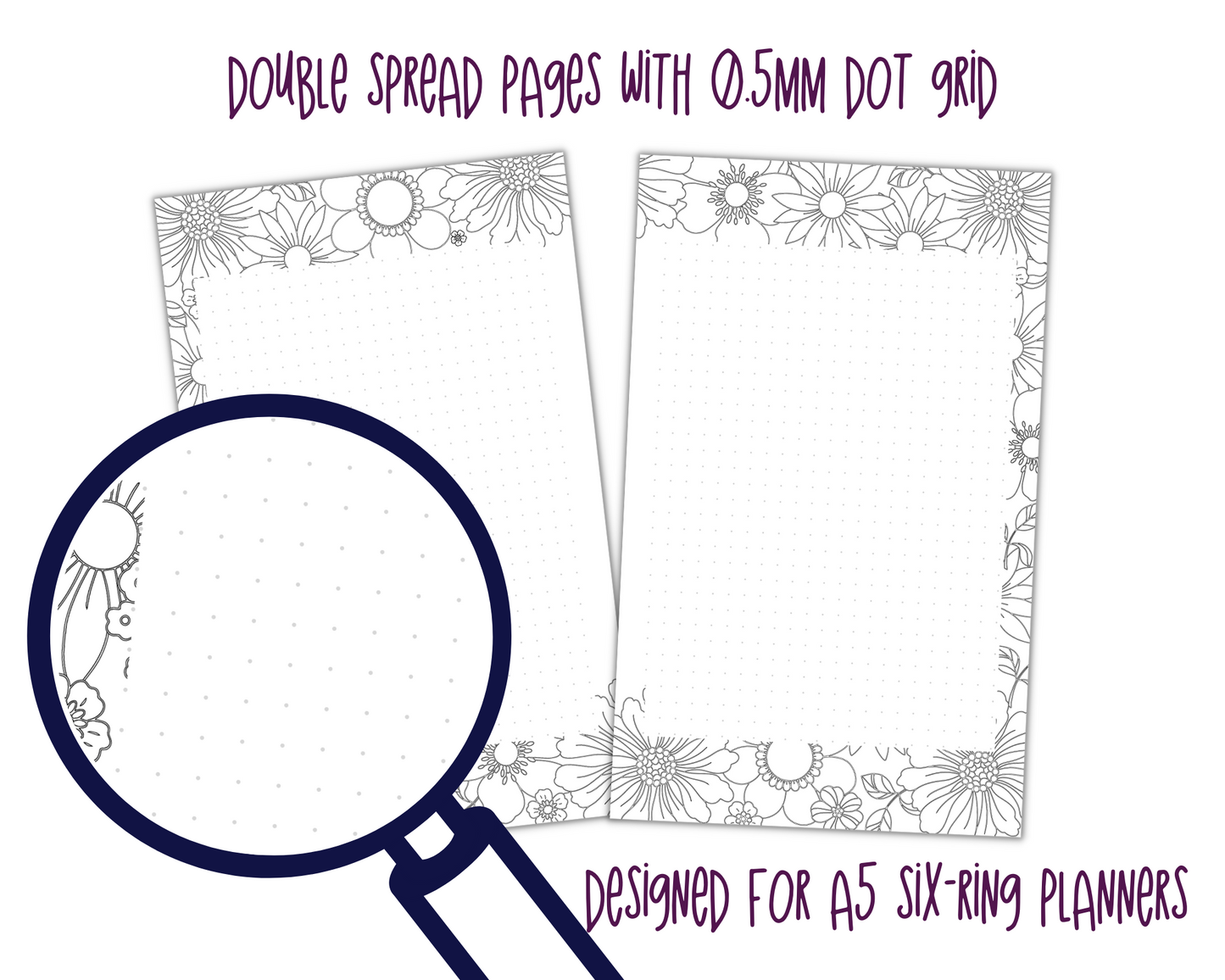 Pretty Flowers A5 Colouring Page Planner Inserts | For six-ring binders - Download and Print at home!