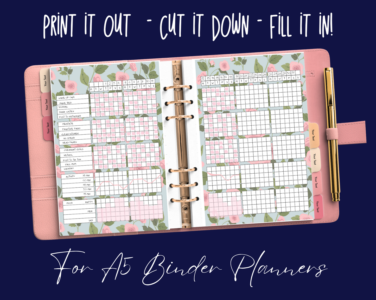 Undated Printable Bullet Journal Template | Planner PDF Calendar Bundle - "Garden Florals" Planner Bujo Pages for Loose-Leaf A5 Binders