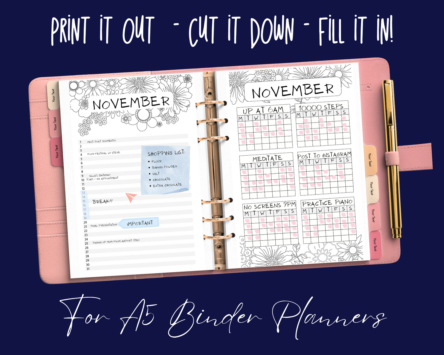 Pretty Flowers A5 Bujo Colouring Page Planner Inserts | For six-ring binders - Download and Print at home!