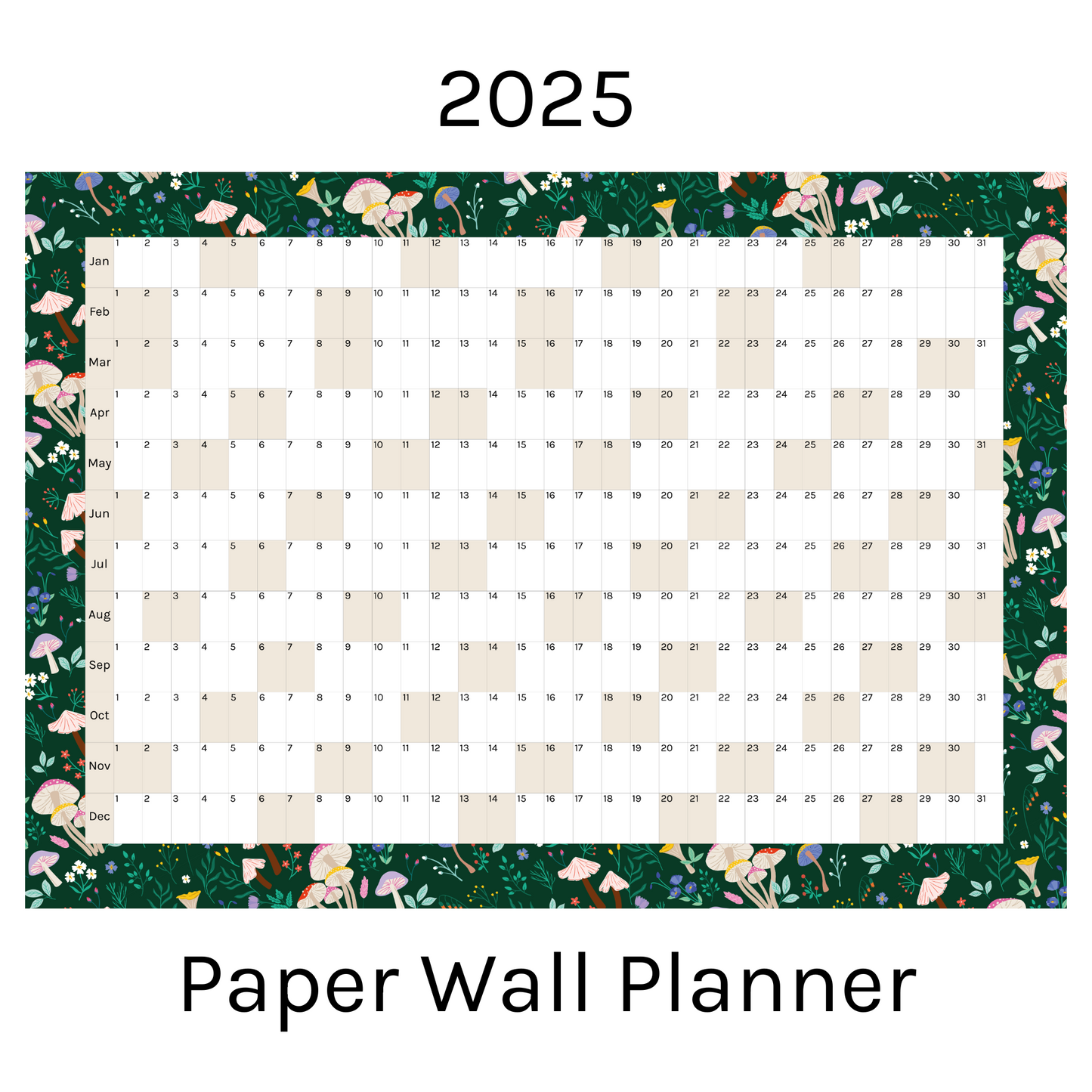 Horizontal 2025 Paper Wall Planner | Mushroom Meadow