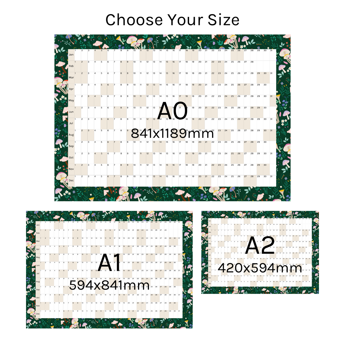 Horizontal 2025 Paper Wall Planner | Mushroom Meadow