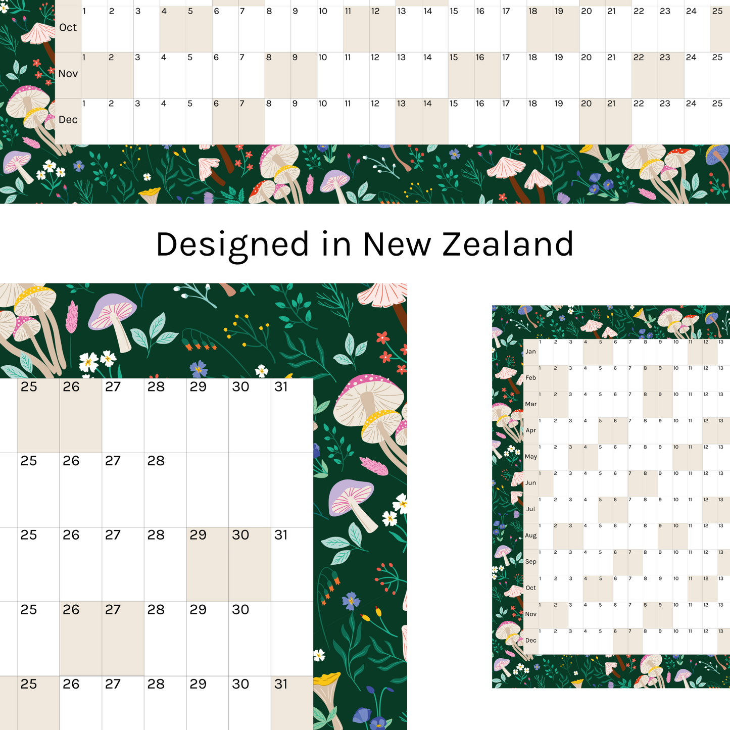 Horizontal 2025 Paper Wall Planner | Mushroom Meadow