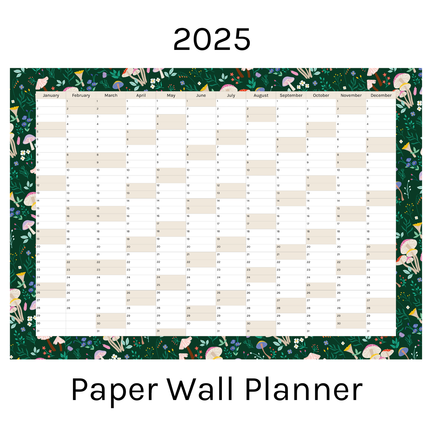 Vertical 2025 Paper Wall Planner | Mushroom Meadow