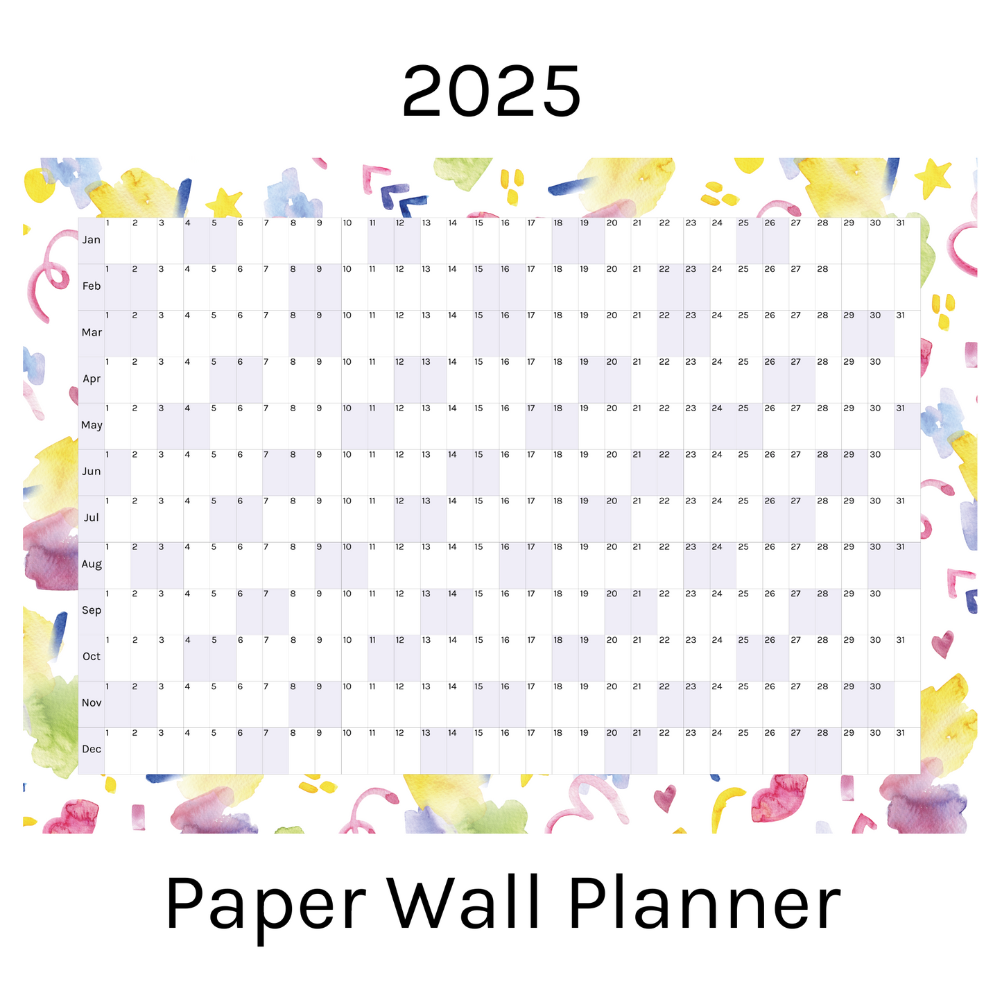 Horizontal 2025 Paper Wall Planner | Scribble Splash