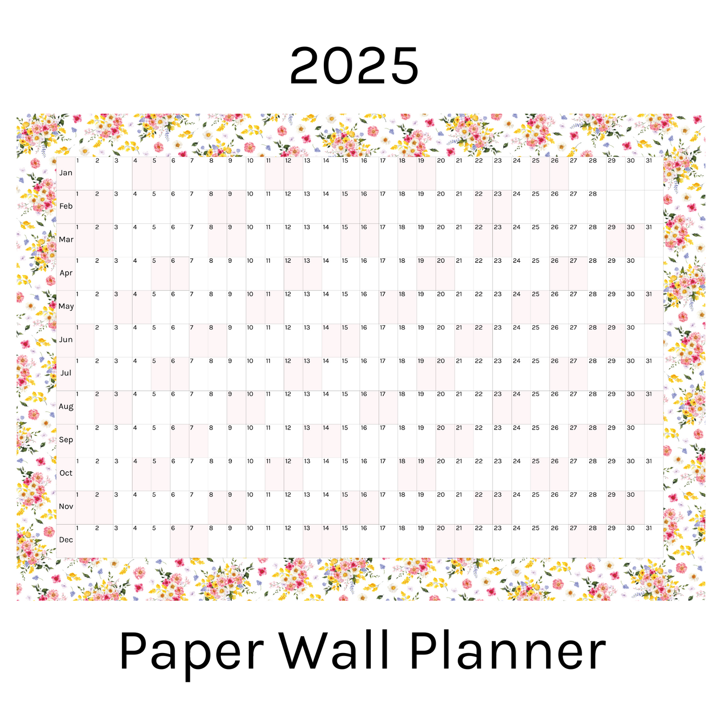 Horizontal 2025 Paper Wall Planner | Summer Blossom