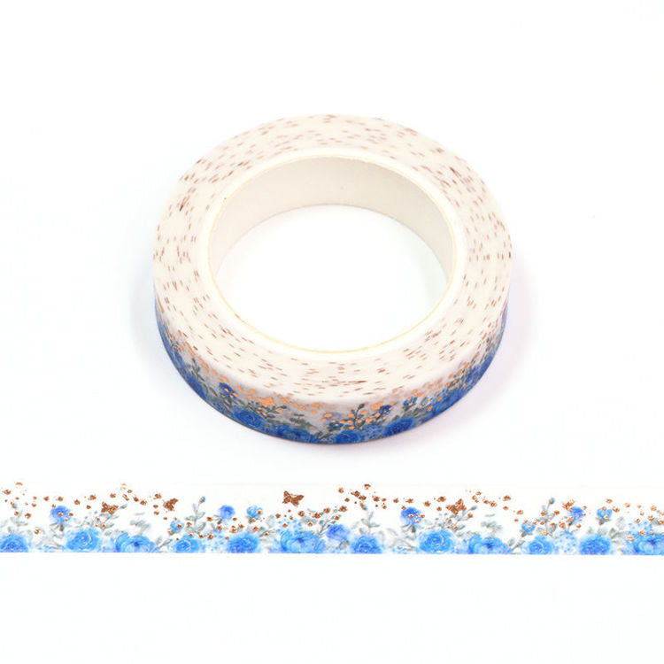 Journal Junkies NZ Thin Washi Tape Buy Foil Blue Rose JJ-W-145