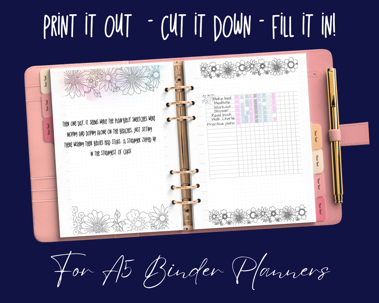 Pretty Flowers A5 Colouring Page Planner Inserts | For six-ring binders - Download and Print at home!