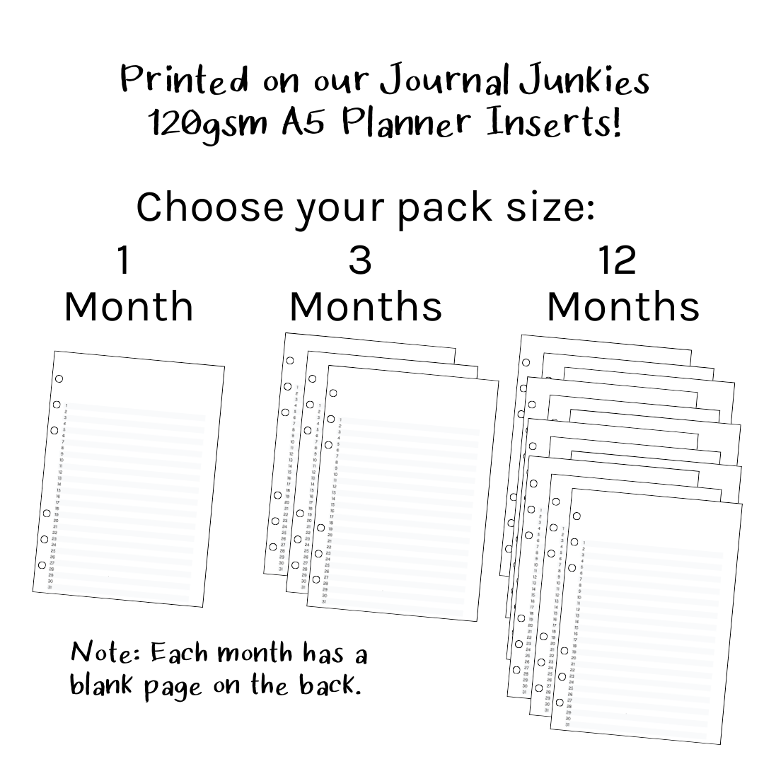 Loose Leaf A5 Planner Inserts 120gsm | Monthly List Layout