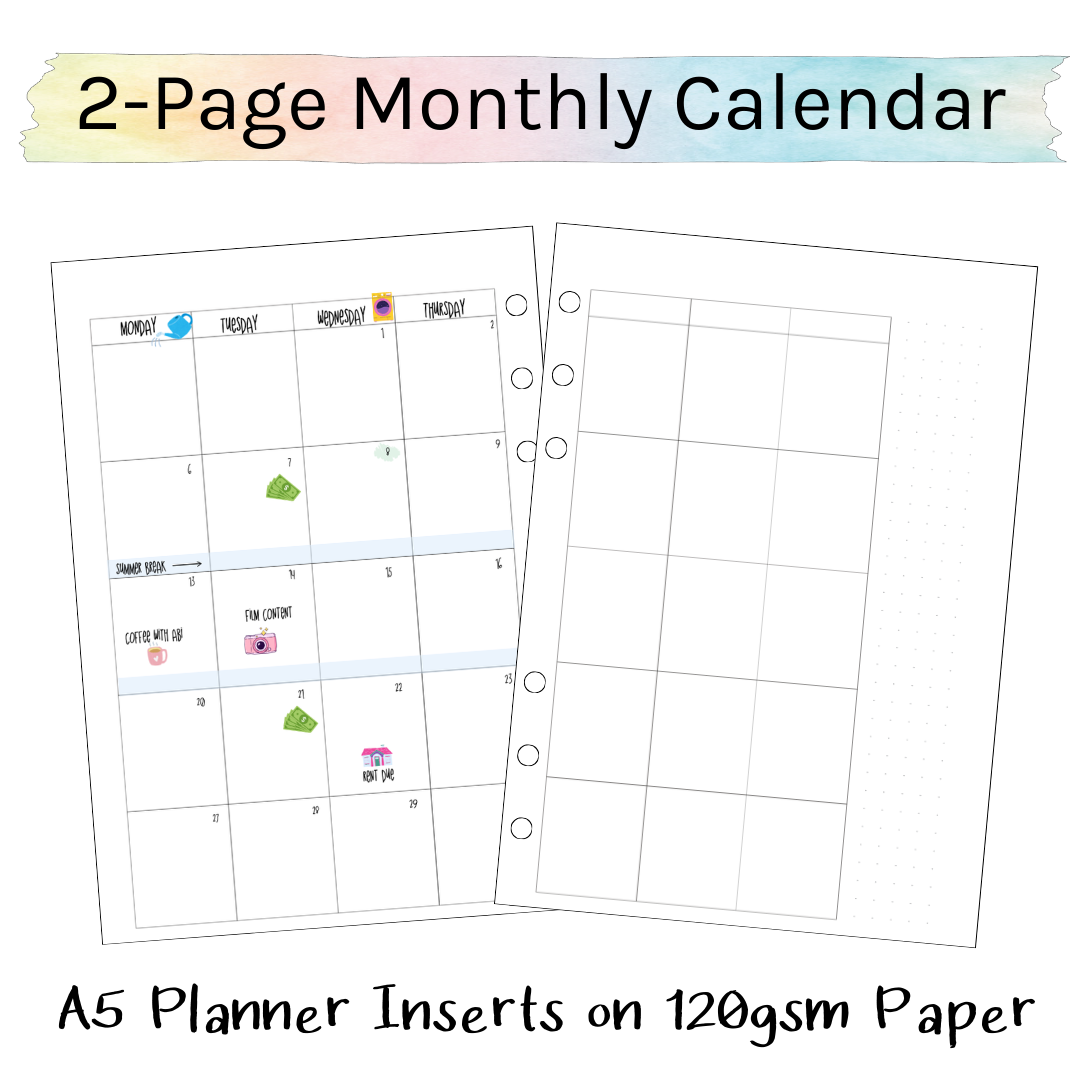 Loose Leaf A5 Planner Inserts 120gsm | Undated Monthly 2-Page Calendar