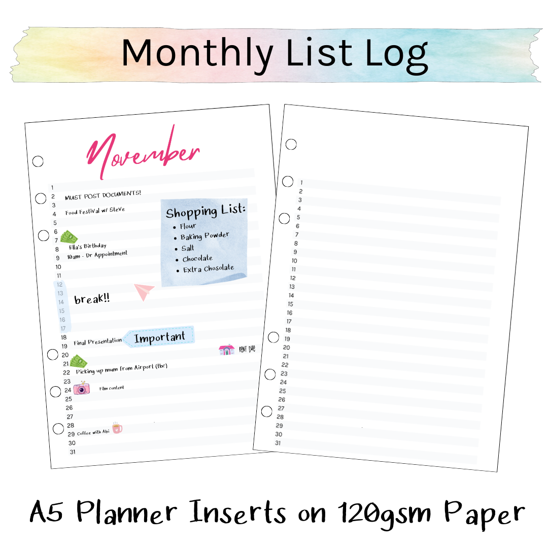 Loose Leaf A5 Planner Inserts 120gsm | Monthly List Layout