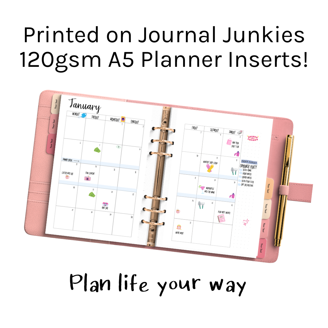 Loose Leaf A5 Planner Inserts 120gsm | Undated Monthly 2-Page Calendar