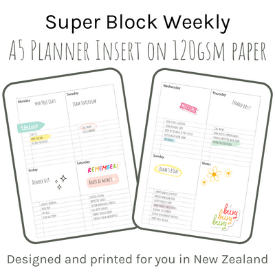 Loose Leaf A5 Planner Inserts 120gsm | Super Block Weekly