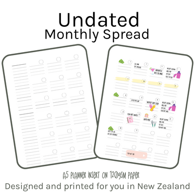 Loose Leaf A5 Planner Inserts 120gsm | Undated Monthly 2-Page Spread