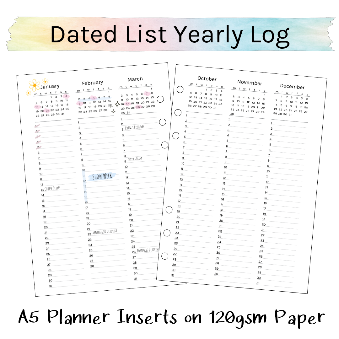 Loose Leaf A5 Planner Inserts 120gsm | 2026 Dated List Yearly Log