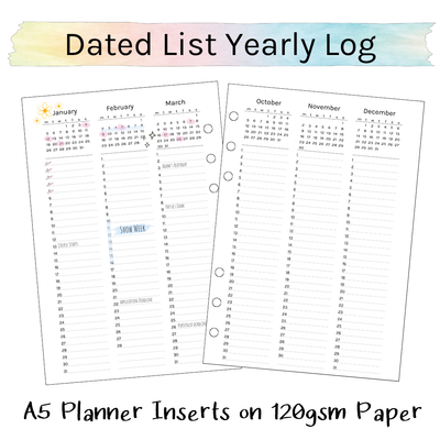 Loose Leaf A5 Planner Inserts 120gsm | 2026 Dated List Yearly Log