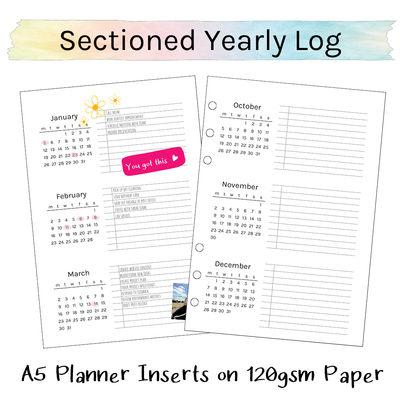 Loose Leaf A5 Planner Inserts 120gsm | 2026 Sectioned Yearly Log