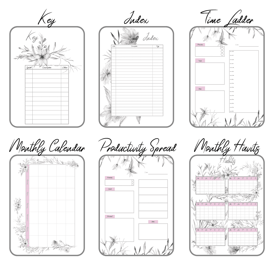 PDF Rustic jungle bullet journal printable pdf download for A5 A4 9 spreads closeup