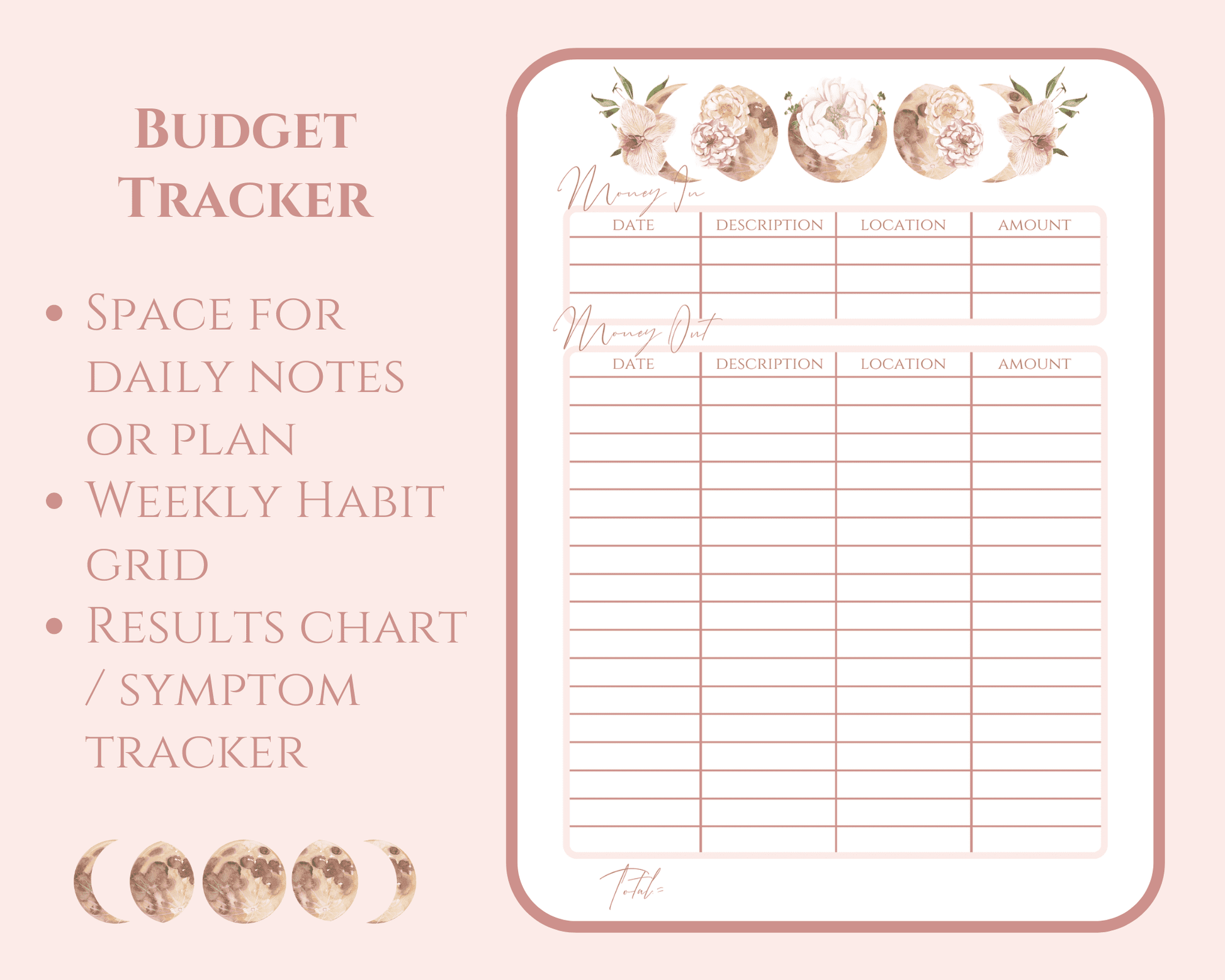 Just a moon phase bullet journal printable download pdf budget tracker layout