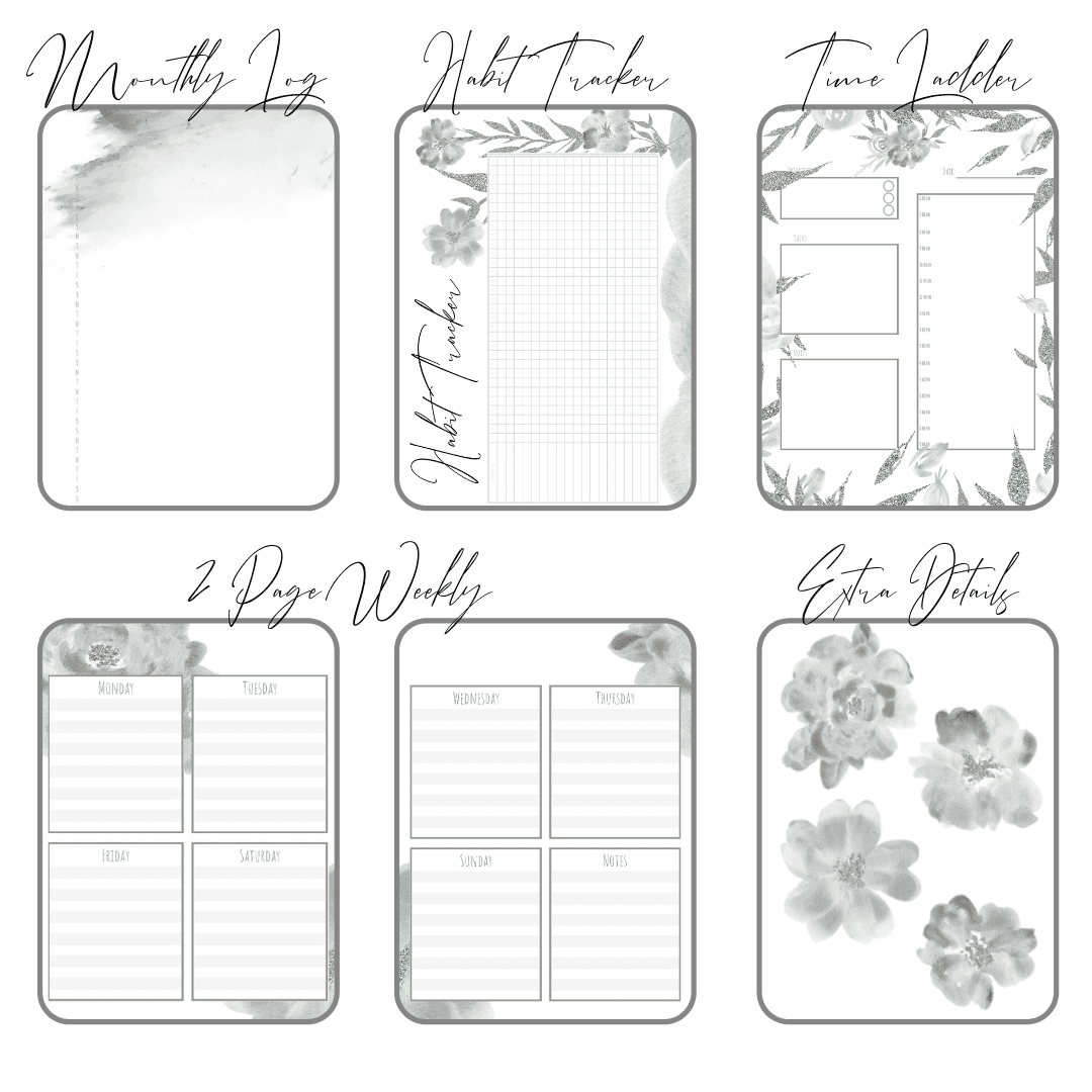 Fresh Starts black and white bundle printable bullet journal layouts last 6