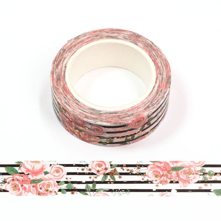 Journal Junkies NZ Medium Washi Tape Buy Foil Striped Roses JJ-W-153