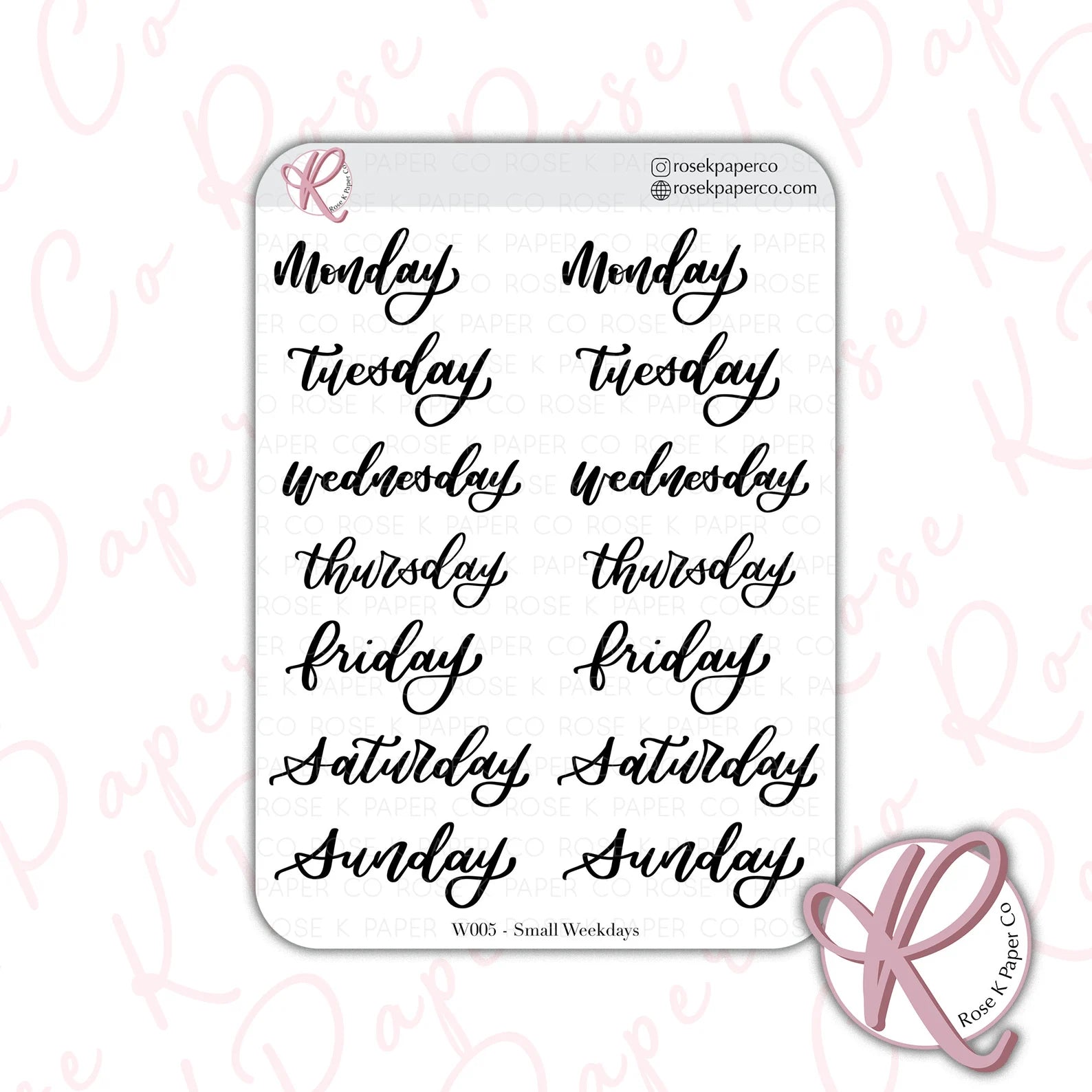 Rose K Paper Co Planner Stickers | Hand-lettered Days Of The Week
