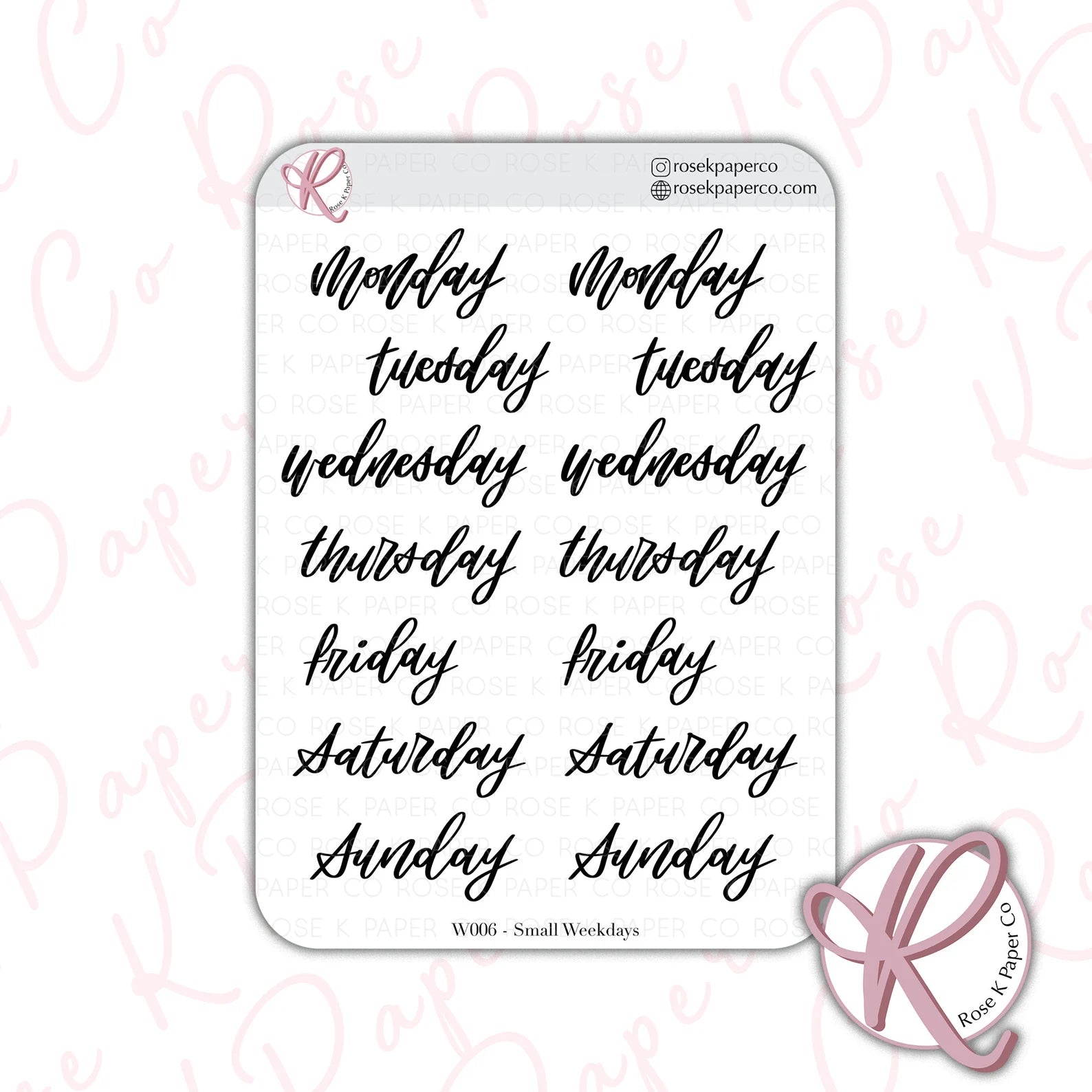 Rose K Paper Co Planner Stickers | Fancy Hand-lettered Days Of The Week